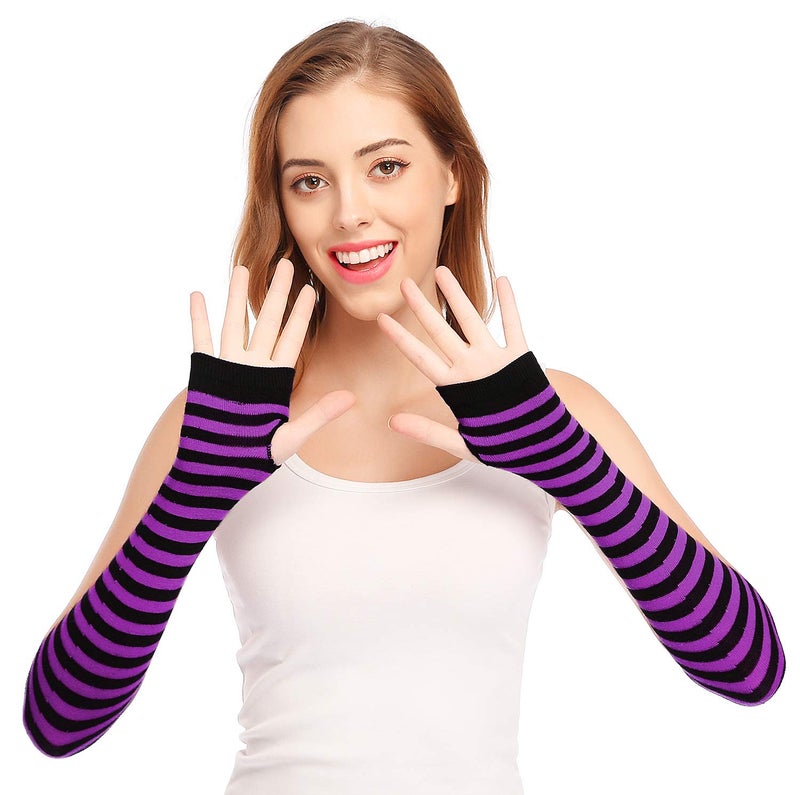 Bienvenu Punk Gothic Rock Long Arm Warmer Fingerless Gloves,Black Purple - Image 1